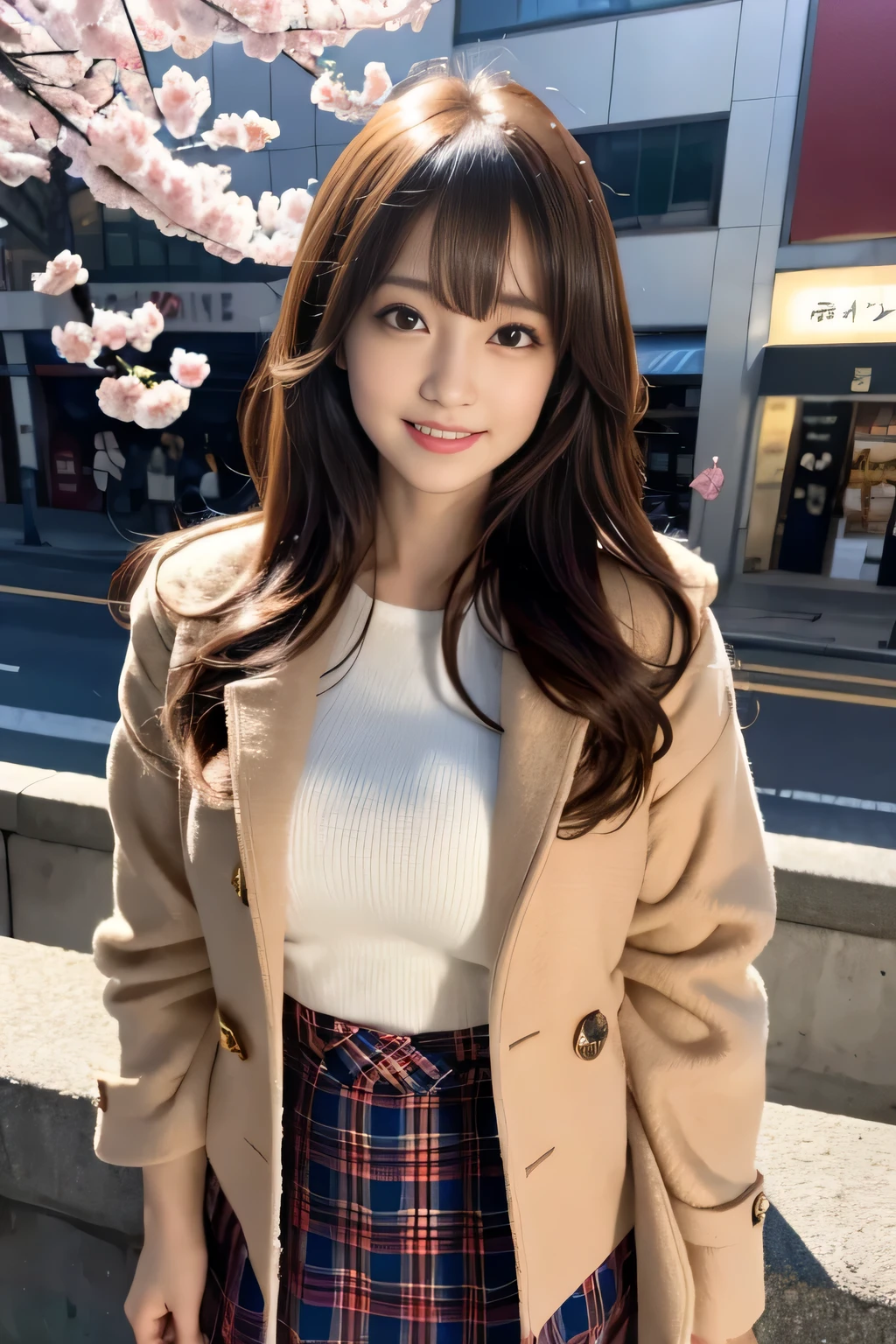 1 girl, coat, hood, Jacket, ((Duffel coat)), lips, lipstick, Plaid, Plaid_skirt, realistic, skirt by the, alone, Are standing, highest quality, Photoreal, masterpiece, 8K, High resolution, alone, (((woman))), (medium breasts), ((look at the audience)), (looking at camera), (short hair), (professional lighting, Bokeh),Angle seen from above, highly detailed face, Fashionable and trendy atmosphere, Japan, street, garden, river, cherry blossoms, ((daytime)), (portrait:0.6), enchanting smile、nice、floating hair、(particles of light、Lens flare、glowing particles:0.6)、(dynamic pose:1.2)、soft lighting、brown hair、Full body Esbian、narrow face、laughter、Obvious moles under the eyes,korean idol、Nogizaka idol、actress、fiery idol pose、