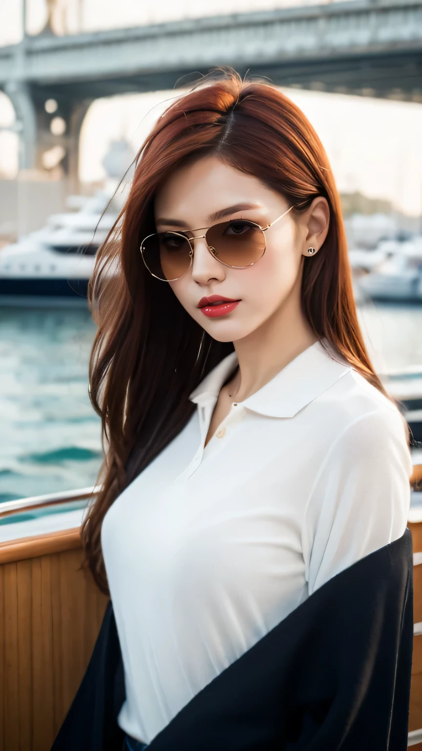 masterpiece, light makeup, red lips, red hair, messy long hair, pure background, beautiful, elegant. Ultra-fine details, masterpieces, realistic textures, realistic cinematic lighting, perfect work, 8k, HD, delicate facial features, full body, Polo shirt, Boat shoes, Sunglasses, Yacht deck pose, Relaxed expression