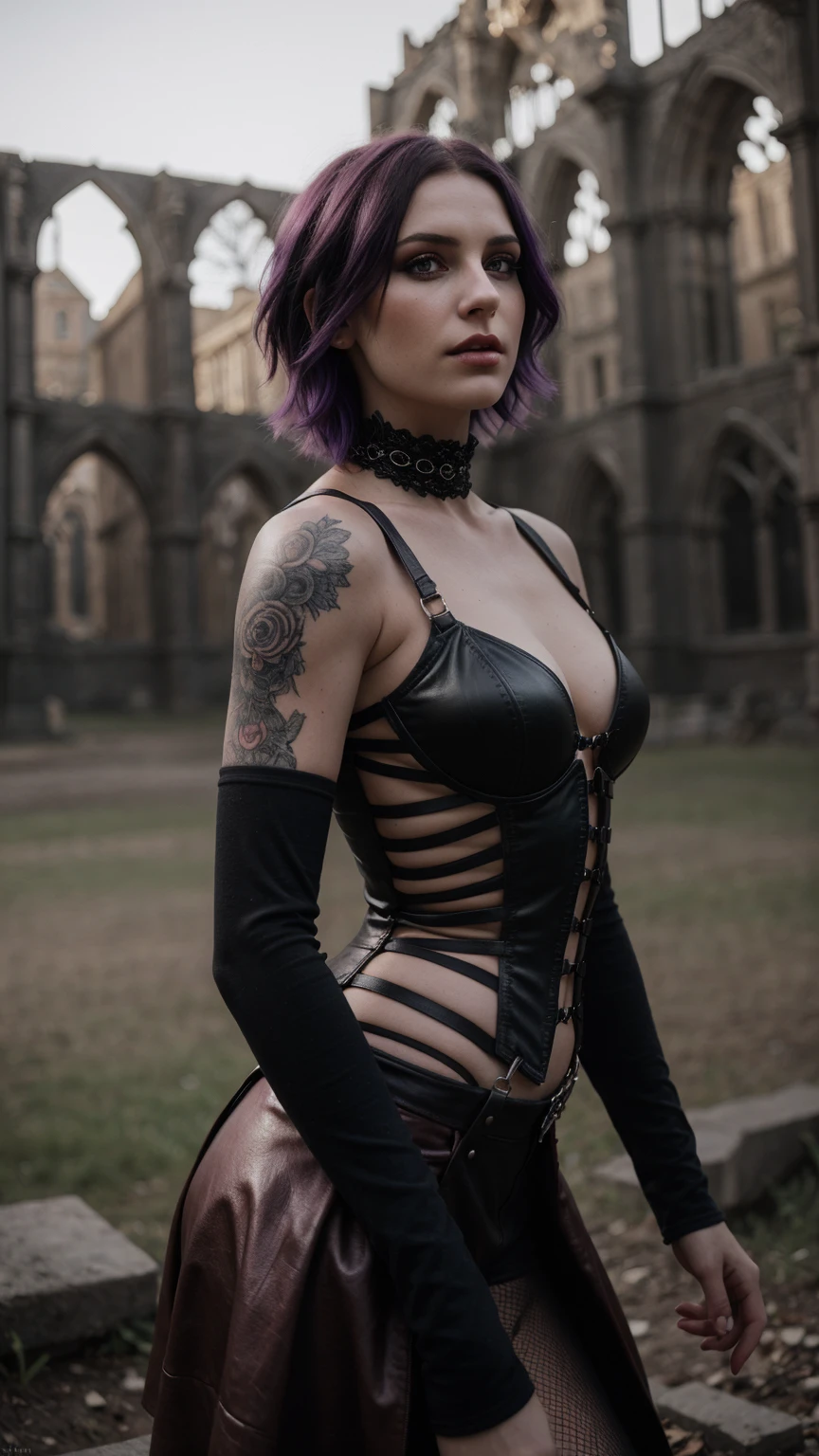 Malicious gothic girl, purple hair, short hair sides shaved:1.3, sensual pose, in red leather corset:1.2, (in the garden of a ruined gothic cathedral:1.2), tattooed, pierced, black makeup , photorealistic, photo, masterpiece, realistic, realism, photorealism, high contrast, photorealistic digital art trending on Artstation 8k HD high definition detailed realistic, detailed, skin texture, hyper detailed, realistic skin texture, best quality, ultra high res, (photorealistic:1.4), high resolution, detailed, raw photo, sharp re, by lee jeffries nikon d850 film stock photograph 4 kodak portra 400 camera f1.6 lens rich colors hyper realistic lifelike texture dramatic lighting unrealengine trending on artstation cinestill 800, face reference from old creation,