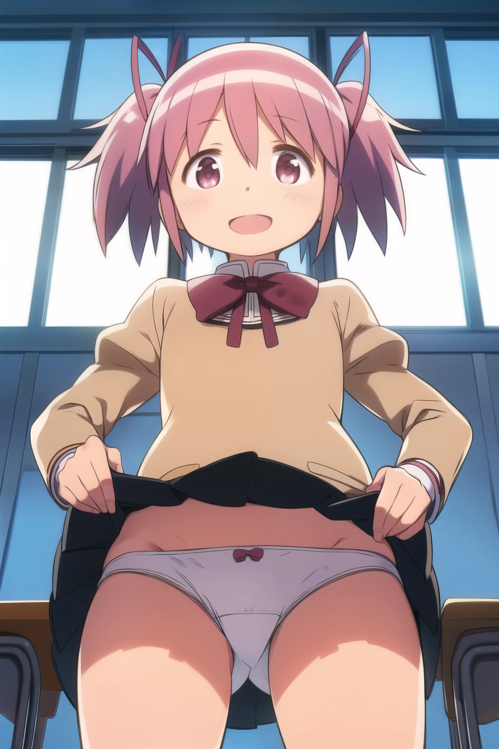 masterpiece:1.5, high quality, blush, smile, open mouth, looking at viewer, white panties, madoka, ((school uniform, black skirt)), two side up, short twintails, pink hair, ((flat chest, slender)), lanky, Skinny body, petite body, Slim Body, Slim waist, Slim legs, Slim hips, bare knuckle, lift skirt, skirt lift, lifted by self, , indoors, classroom, looking at viewer, from below, cowboy shot