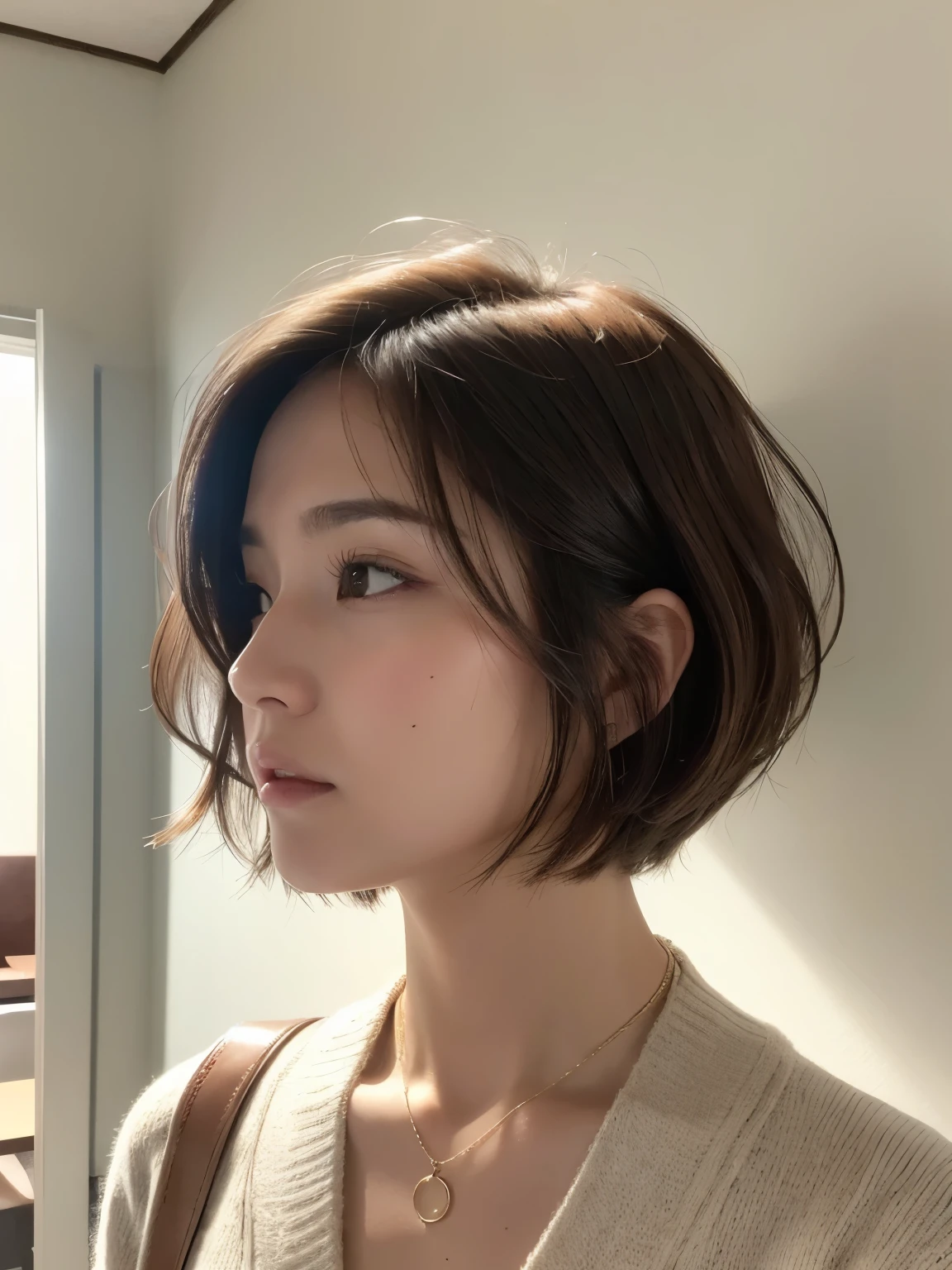 (layered haircut:1.2))、short wavy hair、8K、(Raw photo)、(最high quality)、(フォトrealistic:1.4)realistic to the touch realistic、(4KHigh level image quality:1.2)、(High resolution, table top, 最high qualityの, high detail, formal: 1.4), (realistic: 1.2, ハイパーrealistic: 1.1, フォトrealisticです: 1.37), Depth of bounds written, (Detailed explanation of hair), (Detailed description of the face), unparalleled beauty,, (35 years old,: 1.4)、I'm a little depressed、white wall、Taken in front of the white door、((窓のあるwhite wallの部屋))、natural soft light、short hair、beaver hair、realistic、High level image quality、high quality、profile、Versatile poses、profile、random pose、Autumn outfit、Winter clothes、 necklace
