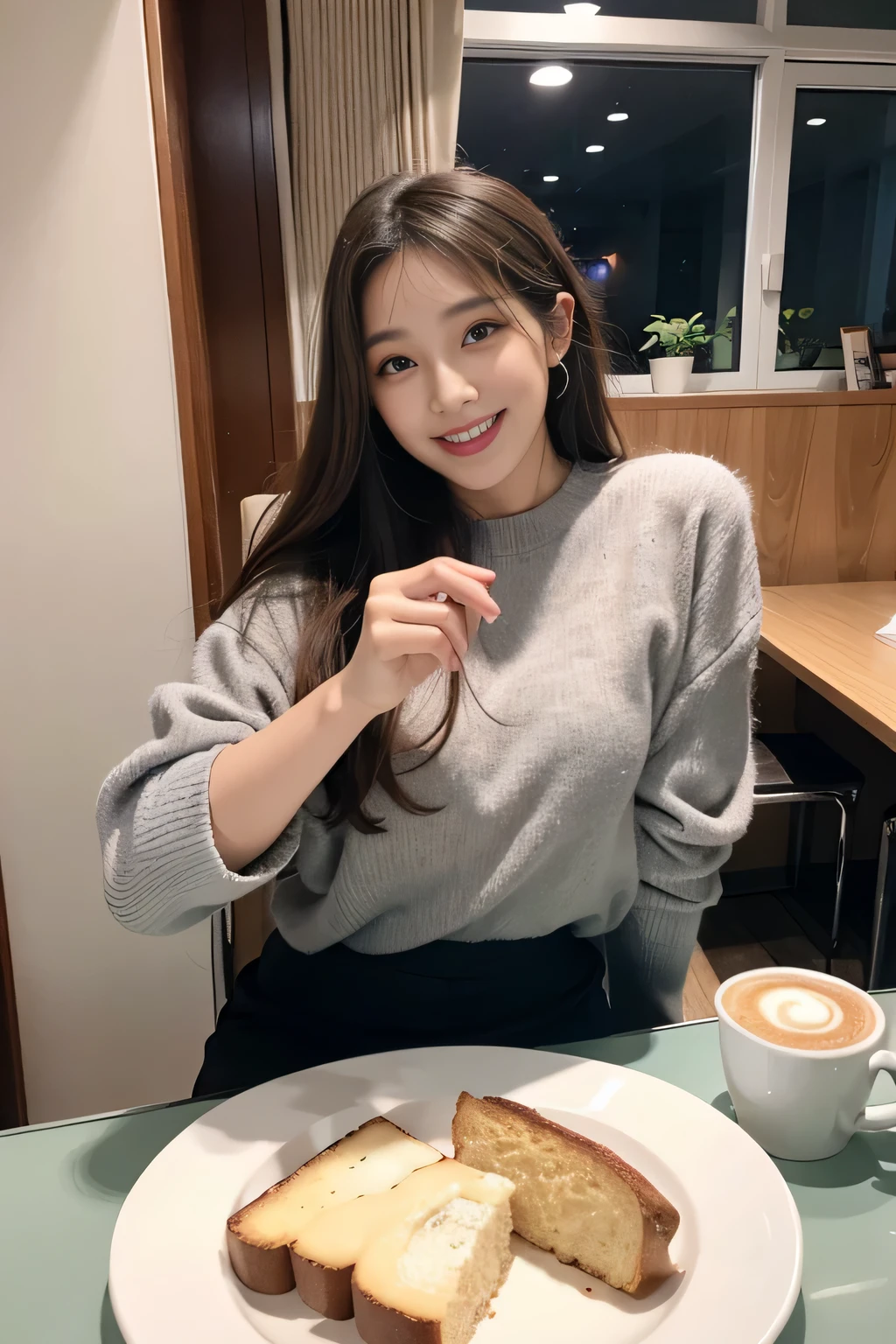 A woman wearing a gray shirt and arafe toast on a plate on the table、crystal、sitting on a mocha-colored table、mukbang、brown hair、eat、black pink jisoo、pokimane、sit at a cafe、black pink jisoo、Dilrabadilmurat、パンケーキをeatエモな女の子、With a smile、looks fun、Various poses、