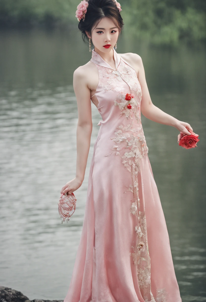 (High quality, 4k, HDR), Three girls, Three Lovers, Three Lesbians, Three Sexy Girl, bouquet red roses of flowers in hand,very bad image negative_v1.3,(huge breasts:1.1),red lips, glowing skin,big her curves,glamorous model,((A beautiful woman white dress near a body of water, chinese dress, gorgeous chinese model, wearing a pink cheongsam, chinese style, sexy dress, wearing an elegant dress, cheongsam, wearing pink dress, sexy black dress, chinese girl, wearing a white dress, beautiful silky dress, wearing a wonderful dress, traditional chinese,wedding dress)),(((Perfect female body, Willow waist))),hide five , best quality,glamorous model with (detailed eyes, detailed lips, extremely detailed eyes),Brunette Bob Hair,beautiful detailed eyes, hazel eyes, {{{{{sharp focus}}}}},Wearing a single red rose around the neck of a necklace,Wearing red and black lace dress,high-heels,blue eyes,(((Full body))))((anatomy correct)),Gorgeous and intricate lady style