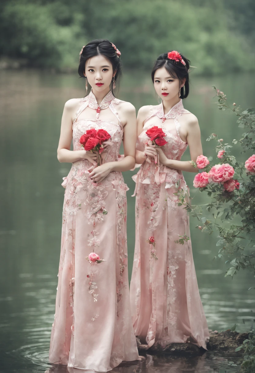 (High quality, 4k, HDR), Three girls, Three Lovers, Three Lesbians, Three Sexy Girl, bouquet red roses of flowers in hand,very bad image negative_v1.3,(huge breasts:1.1),red lips, glowing skin,big her curves,glamorous model,((A beautiful woman white dress near a body of water, chinese dress, gorgeous chinese model, wearing a pink cheongsam, chinese style, sexy dress, wearing an elegant dress, cheongsam, wearing pink dress, sexy black dress, chinese girl, wearing a white dress, beautiful silky dress, wearing a wonderful dress, traditional chinese,wedding dress)),(((Perfect female body, Willow waist))),hide five , best quality,glamorous model with (detailed eyes, detailed lips, extremely detailed eyes),Brunette Bob Hair,beautiful detailed eyes, hazel eyes, {{{{{sharp focus}}}}},Wearing a single red rose around the neck of a necklace,Wearing red and black lace dress,high-heels,blue eyes,(((Full body))))((anatomy correct)),Gorgeous and intricate lady style