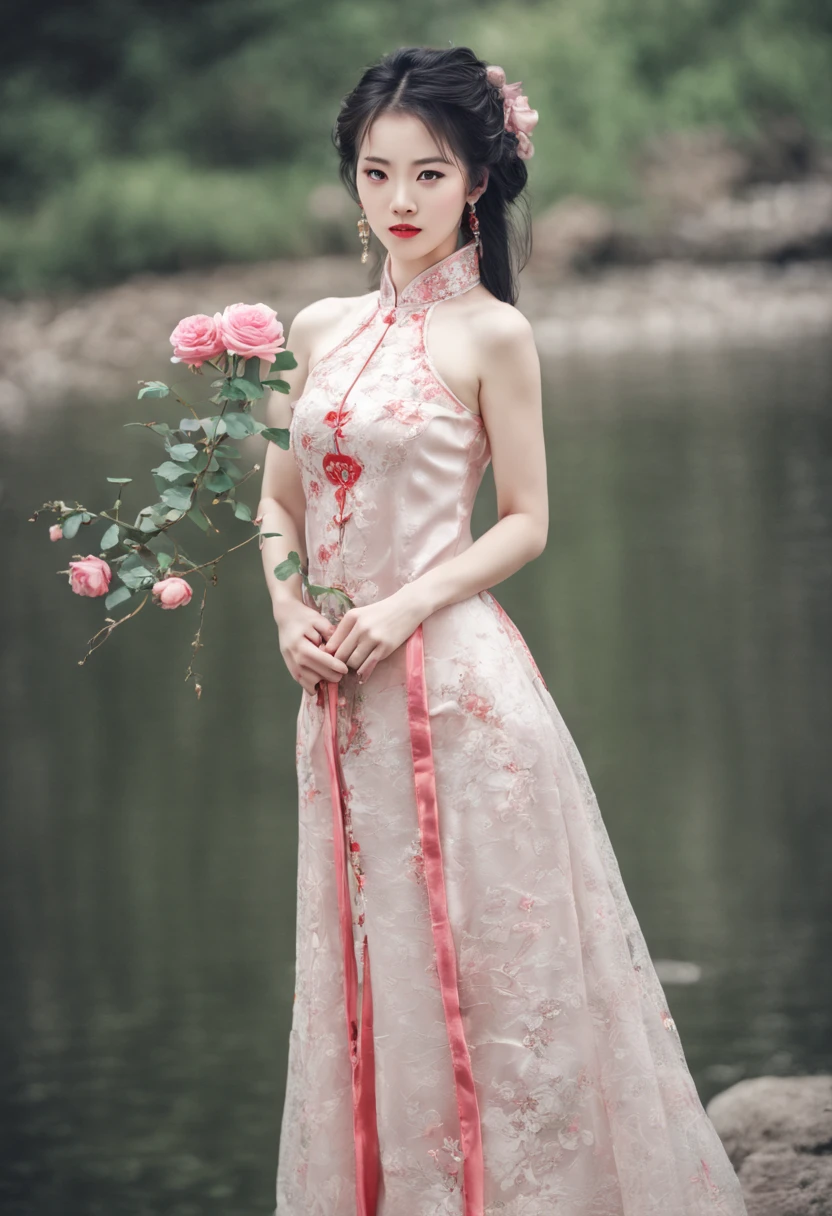 (High quality, 4k, HDR), Three girls, Three Lovers, Three Lesbians, Three Sexy Girl, bouquet red roses of flowers in hand,very bad image negative_v1.3,(huge breasts:1.1),red lips, glowing skin,big her curves,glamorous model,((A beautiful woman white dress near a body of water, chinese dress, gorgeous chinese model, wearing a pink cheongsam, chinese style, sexy dress, wearing an elegant dress, cheongsam, wearing pink dress, sexy black dress, chinese girl, wearing a white dress, beautiful silky dress, wearing a wonderful dress, traditional chinese,wedding dress)),(((Perfect female body, Willow waist))),hide five , best quality,glamorous model with (detailed eyes, detailed lips, extremely detailed eyes),Brunette Bob Hair,beautiful detailed eyes, hazel eyes, {{{{{sharp focus}}}}},Wearing a single red rose around the neck of a necklace,Wearing red and black lace dress,high-heels,blue eyes,(((Full body))))((anatomy correct)),Gorgeous and intricate lady style