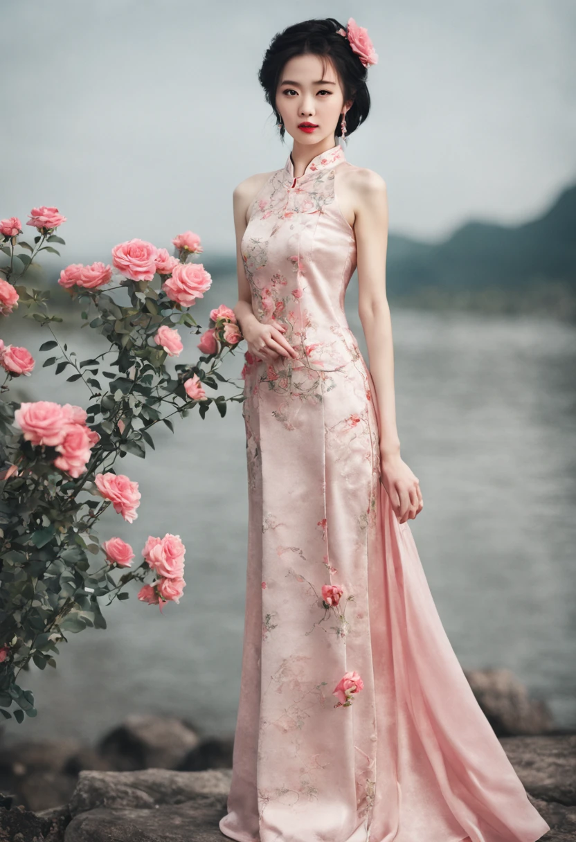 (High quality, 4k, HDR), Three girls, Three Lovers, Three Lesbians, Three Sexy Girl, bouquet red roses of flowers in hand,very bad image negative_v1.3,(huge breasts:1.1),red lips, glowing skin,big her curves,glamorous model,((A beautiful woman white dress near a body of water, chinese dress, gorgeous chinese model, wearing a pink cheongsam, chinese style, sexy dress, wearing an elegant dress, cheongsam, wearing pink dress, sexy black dress, chinese girl, wearing a white dress, beautiful silky dress, wearing a wonderful dress, traditional chinese,wedding dress)),(((Perfect female body, Willow waist))),hide five , best quality,glamorous model with (detailed eyes, detailed lips, extremely detailed eyes),Brunette Bob Hair,beautiful detailed eyes, hazel eyes, {{{{{sharp focus}}}}},Wearing a single red rose around the neck of a necklace,Wearing red and black lace dress,high-heels,blue eyes,(((Full body))))((anatomy correct)),Gorgeous and intricate lady style