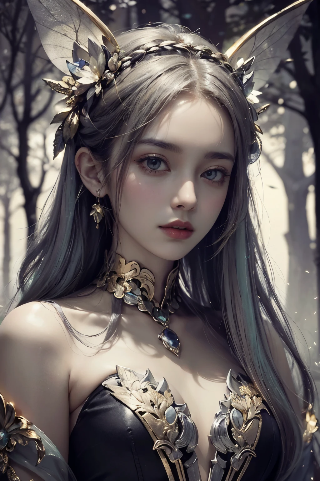 ((gold, silver, glimmer)), faerie, limited palette, contrast, phenomenal aesthetic, best quality, sumptuous artwork, beautiful face, magic forest, 