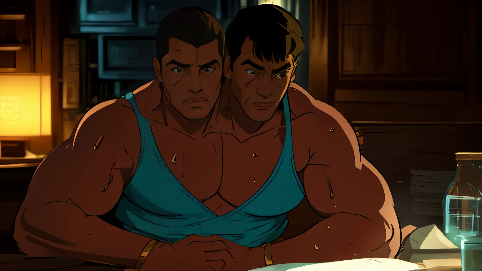 (((2heads))),1man,a man in the style of nocturne, black skin, Dominican,  facial hair, speedo, body hair, , ((big bulge)), thick lips,  dreamy atmosphere, dark cyan and red, i can't believe how beautiful this is, serene atmosphere, piles/stacks, flickering light, epic realistic, in a dimly lit dungeon, shackles on ankles and arms, illustrated by herg, style of tin tin comics, pen and ink,art by greg rutkowski and artgerm, soft cinematic light,hdr, intricate, highly detailed, (depth of field:1.4), faded, (neutral colors:1.2), (hdr:1.4), (muted colors:1.2), hyperdetailed, (artstation:1.4), cinematic, warm lights, dramatic light, (intricate details:1.1), complex background, (rutkowski:0.66), (teal and orange:0.4), (intricate details:1.12), hdr, (intricate details, hyperdetailed:1.15) (wet skin texture:1.2), (old)