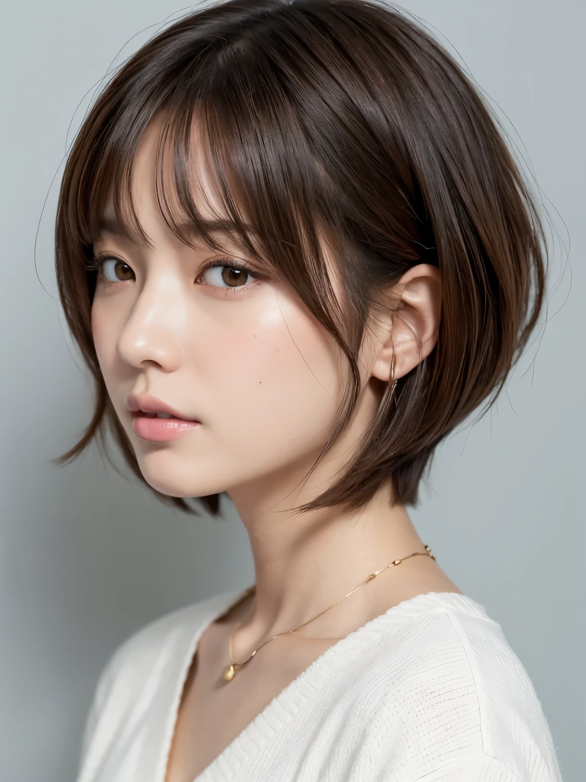 (layered haircut:1.2))、short wavy hair、8K、(Raw photo)、(最high quality)、(フォトrealistic:1.4)realistic to the touch realistic、(4KHigh level image quality:1.2)、(High resolution, table top, 最high qualityの, high detail, formal: 1.4), (realistic: 1.2, ハイパーrealistic: 1.1, フォトrealisticです: 1.37), Depth of bounds written, (Detailed explanation of hair), (Detailed description of the face), unparalleled beauty,, (35 years old,: 1.4)、I'm a little depressed、white wall、Taken in front of the white door、((窓のあるwhite wallの部屋))、natural soft light、short hair、beaver hair、realistic、High level image quality、high quality、profile、Versatile poses、profile、random pose、Autumn outfit、Winter clothes、 necklace