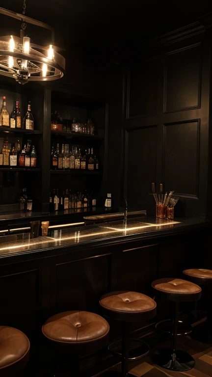 Decorations or logos symbolizing hell and the devil to emphasize the store atmosphere, Utilizing visual materials such as the flames of hell or the devil's wings, Visually expressing the contrast between darkness and light, while emphasizing darkness and joy., We present an image of a cocktail bar where you can experience the contrast of light without the presence of humans, and a store full of gentle customers.. cocktail bar store photo