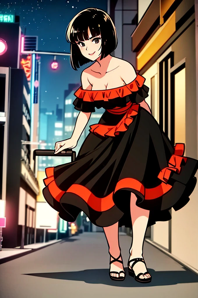 1 girl, Teenage, Black hair, Short black hair, Medium Hair, Bob Hair, Black eyes, off shoulder dress, orange ruffle off the shoulder top, long black skirt, Flamenco Dress, Flamenco dancer, Smile, the city street, Sexy, nighttime,  masterpiece, High quality.