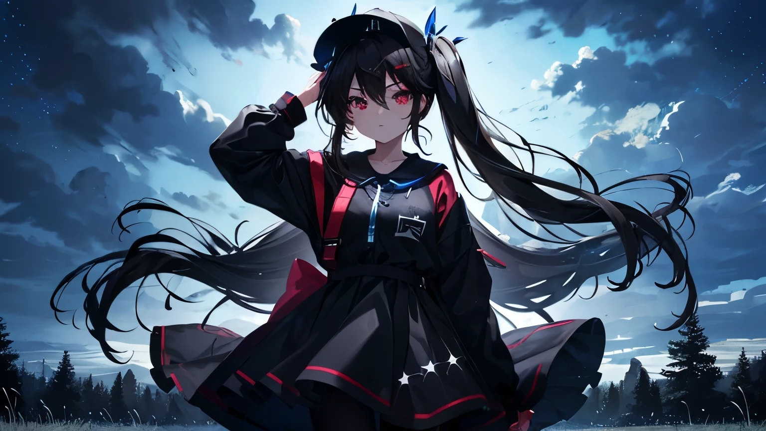 Prompt: ((Background of a large forest, blue night sky, stars, clouds above, clouds above character, medium shot of character:1.5, medium shot, full shot, centered character:1.5, centered in image:1.5, thighs, torso:0.7, standing)), (elbows, detailed hands), (masterpiece, best quality, ultra detailed), 1girl, (cute aesthetic), rave, (skittlessdress, black tights, bow in hair), full pose, facing viewer, shiny red eyes, detailed red eyes, medium length twintails that fall on either side of her head, glossy black hair, (dynamic), (defined subject, bokeh background), ((Glossy Makeup)), (black baseball cap), ((clouds above head, clouds above character)), black shorts, (two trees on either side of character, tree beside character), {(((grass behind character, grass below character)))}, elbow