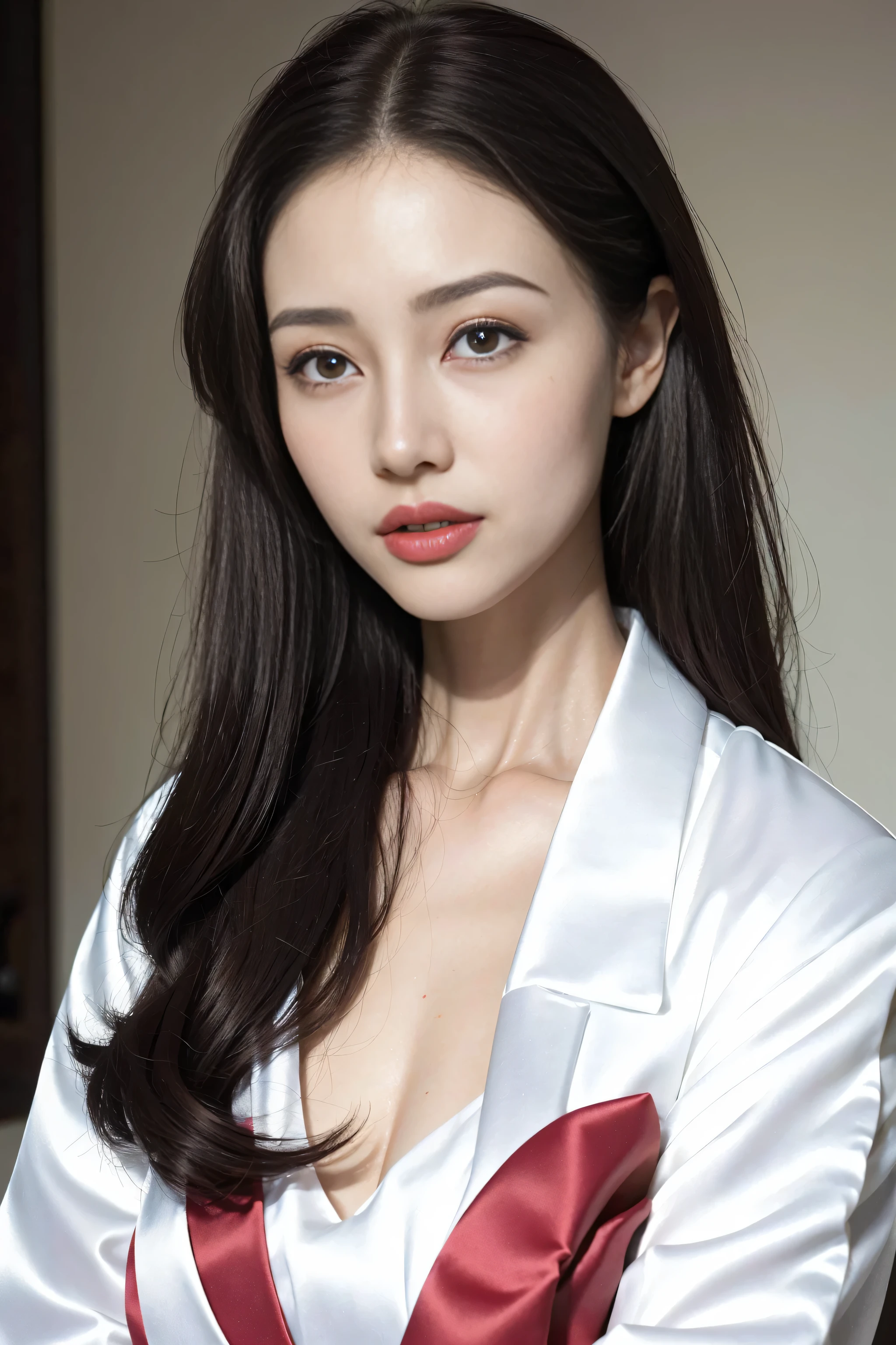 nice images，clear focus，perfect brown eyes，Bright red lips，long hair，Home，Look head-on，Complete pose，Wonderful faces..，look beautiful。，（（（（White formal wear））），extra focus，Radiant face，facial details，8K resolution，