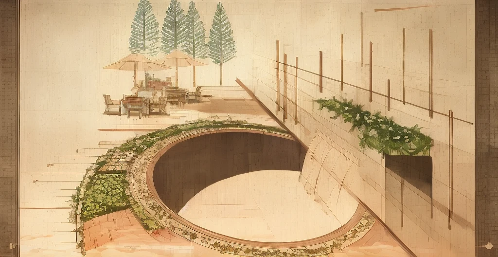 The floor is wooden，water flow on water curtain wall，On the right is a brick wall