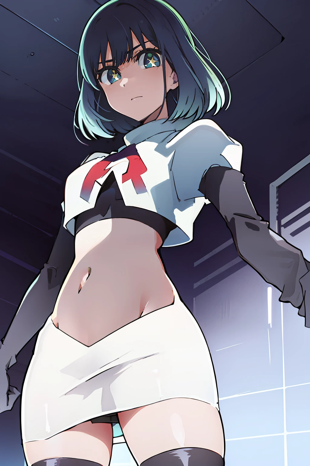 kurokawaakane\(1zgame\),1girl, solo,stage,looking at viewer,8k, beautiful lighting,symbol-shaped_pupils, sparkling_eyes, star-shaped_pupils, star_(symbol), team rocket,team rocket uniform,white skirt,crop top,black thigh-highs,black elbow gloves