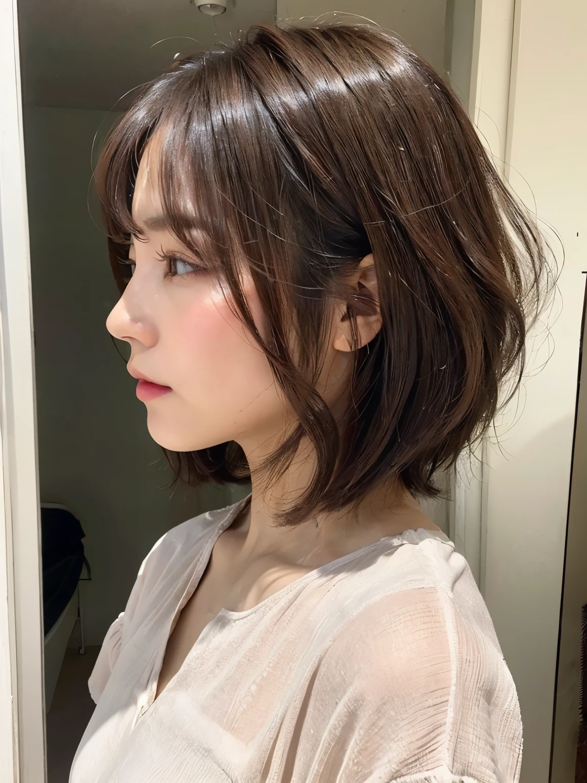((50 years old))、(mature woman)、(not looking at viewer)、Dark brown hair、(layered short hair)、(nasolabial folds、wrinkles)、thick makeup、(Upper body)、Blouses in pastel colors、Highest image quality、High resolution、masterpiece、ultra detailiert、white wall、Taken in front of the white door、(窓のあるwhite wallの部屋)、various poses、(Beautiful profile:1.3)、Eyes color is brown、1 Japanese woman