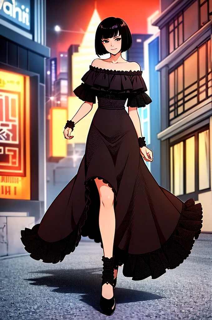 1 girl, , Black hair, Short black hair, Medium Hair, Bob Hair, Black eyes, off shoulder dress, orange ruffle off the shoulder top, long black skirt, Flamenco Dress, Flamenco dancer, Smile, the city street, Sexy, nighttime, masterpiece, High quality.
