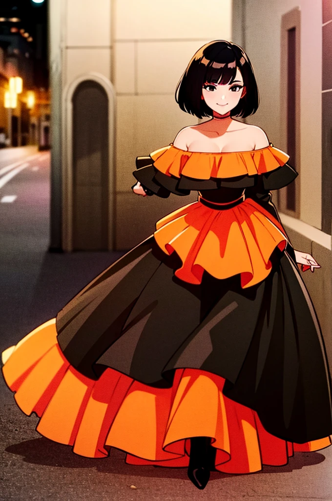 1 girl, , Black hair, Short black hair, Medium Hair, Bob Hair, Black eyes, off shoulder dress, orange ruffle off the shoulder top, long black skirt, Flamenco Dress, Flamenco dancer, Smile, the city street, Sexy, nighttime, masterpiece, High quality.
