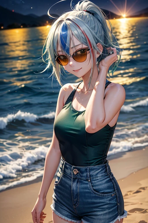 A 25 year old Japanese slender lady who is wearing a blue sunglasses, ponytail (( short length)) hair and silver ((streaked hair))highlights hair, wearing ((green one-piece dress)) , indigo damaged jeans , looks really calming and beautiful and cool, at a beach in midnight, spreading her left arms forward, a bit windy scene, passionate and cheerful smiling under the moonlight, looking back pose