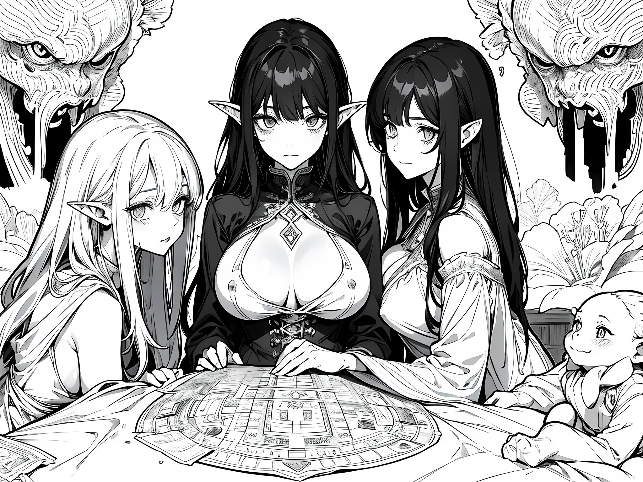 3 goblin girls, seductive face, long hair, black hair, face to detail, detailed eyes, big breast, monochrome (clear line, lineart), half-body illustration