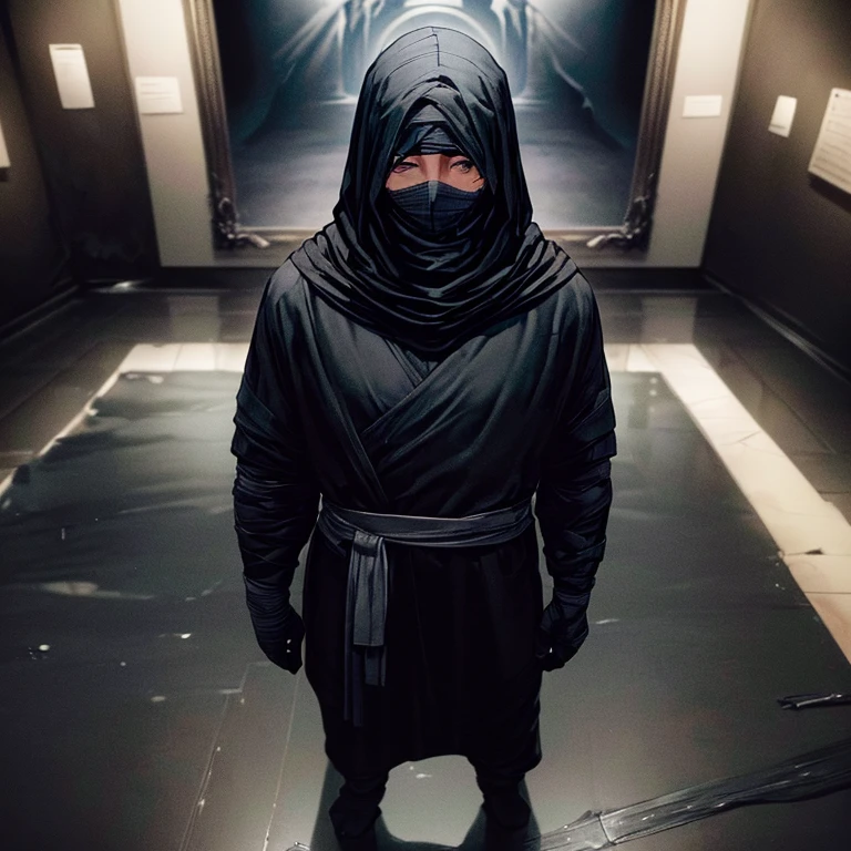 1man, (((male))), (((dark-skinned))), ((((wrapped in black cloth bandages)))), (((face covered, eyes exposed))), (((standing))), ((((museum)))), ((((black walls, black floor))))