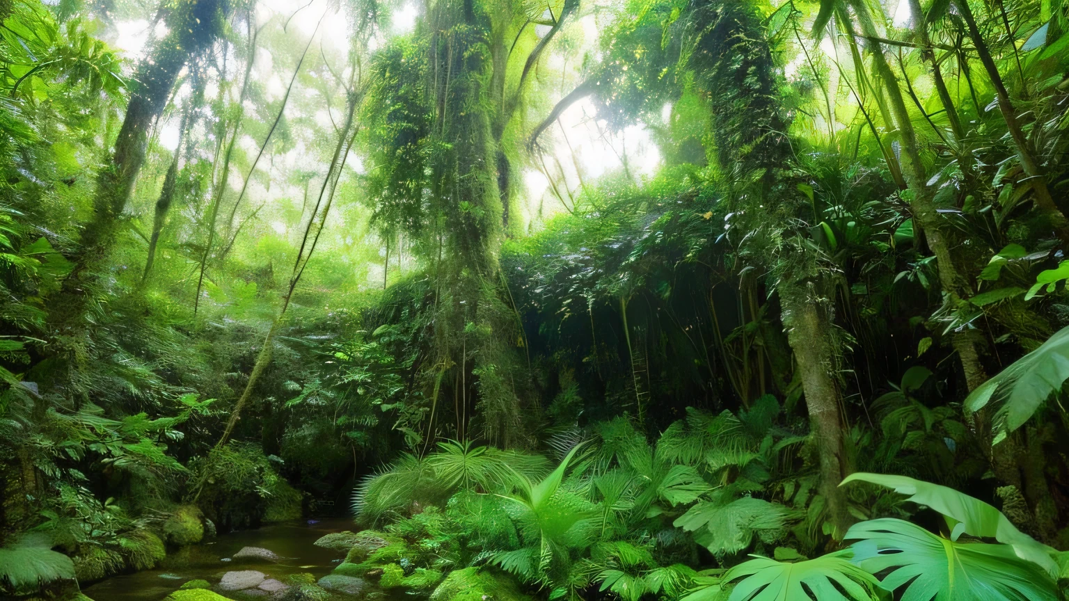 Sala de estar com vista para uma montanha e uma floresta, mountainous jungle setting, jungle setting, Como uma cena de Blade Runner, magical ambiance, pintura escura ultrarrealista, em um ambiente de selva, pleasant environment, floresta nublada, Selva bonita, ambiente mal-humorado, Selva exuberante, Inside an alien jungle, Plantas e selva, montanhas da floresta tropical, ambiente relaxante