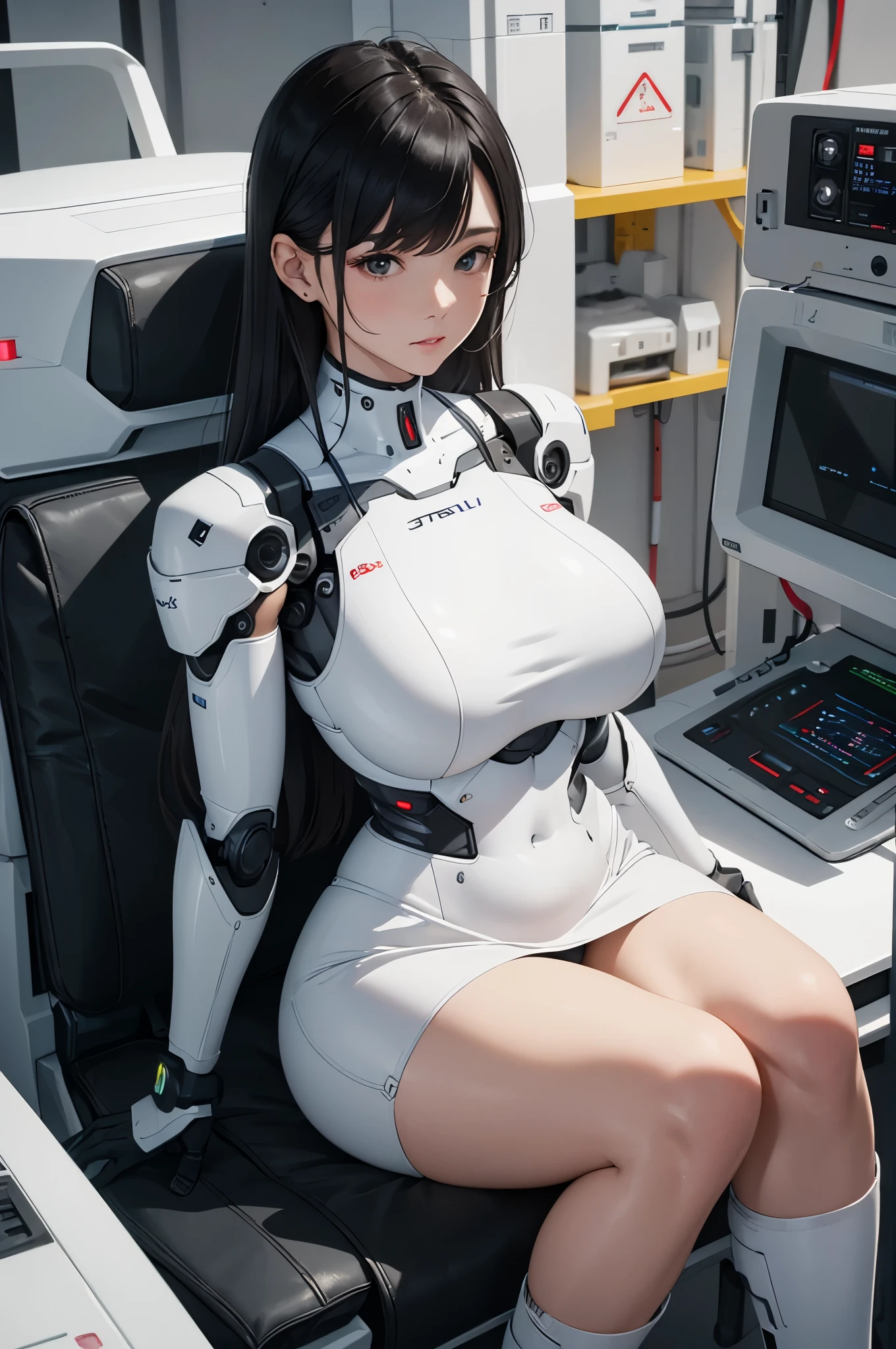 masterpiece, best quality, extremely detailed, (8K, 4K, Best Quality, hight resolution, 超A high resolution:1.1), 8k portrait, Japaese android Girl,Plump , announcer,control panels,android,Droid,Mechanical Hand, Robot arms and legs, Black Robot Parts,Black hair,Mechanical body,Blunt bangs,perfect mechanical abdomen,White robotics parts,perfect robot woman,future laboratory,cyber pank,charging spot,laboratory,long tube,thick cable connected her neck,ceramic body ,perfect mechanical body, white robot body,lod antenna,mechanical ear cover,android,robot humanoid,black sponge joints,The removable cover is in the groin,The connection port is in the groin,opened chest panel,access panel on the chest,opened breast panel,perfect mechanical breast,white machine body,white robot body,white ceramic breast,perfect plastic breast,She has repaired,assembly plant,miniskirt,black boots