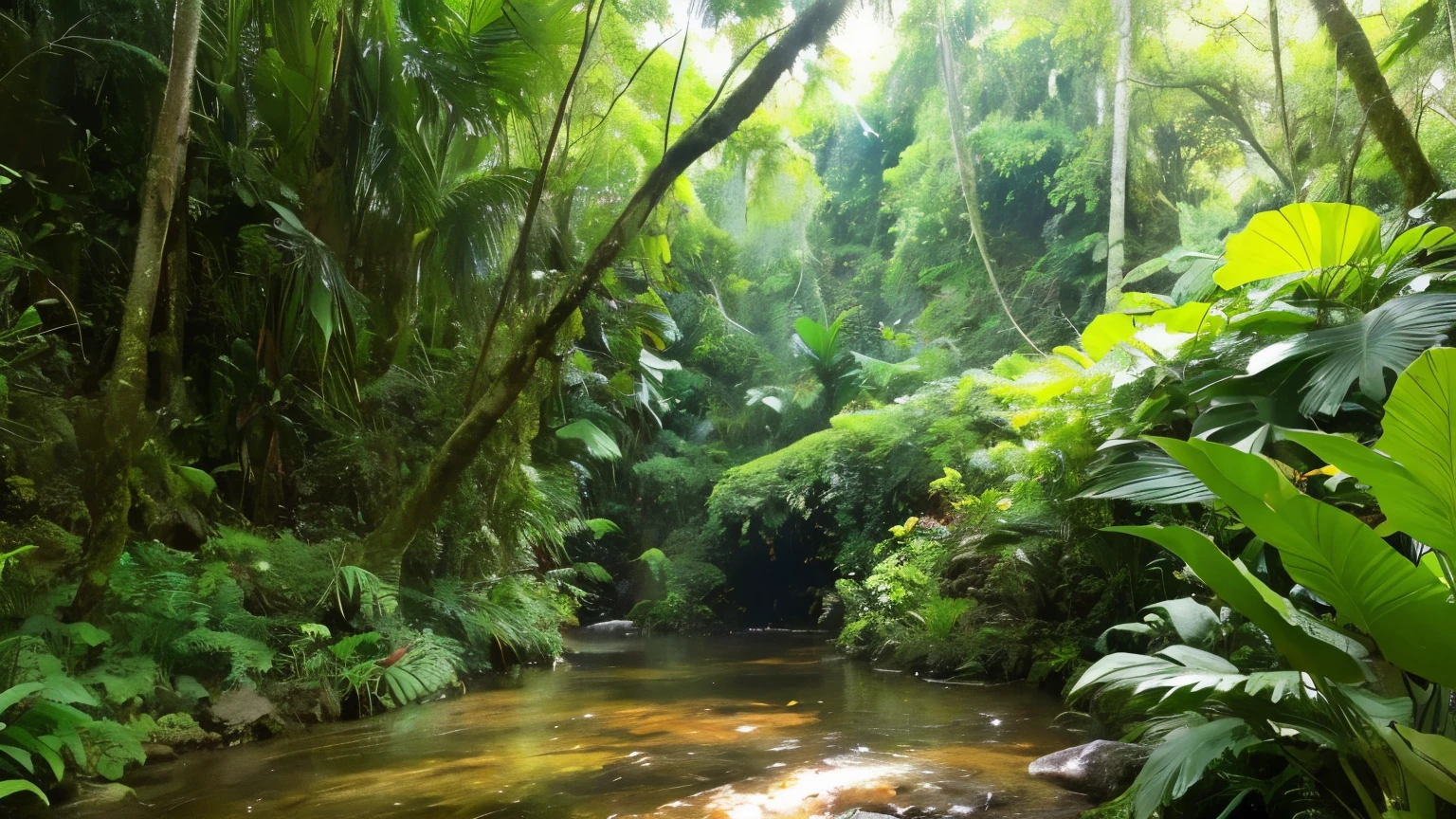 Sala de estar com vista para uma montanha e uma floresta, mountainous jungle setting, jungle setting, Como uma cena de Blade Runner, magical ambiance, pintura escura ultrarrealista, em um ambiente de selva, pleasant environment, floresta nublada, Selva bonita, ambiente mal-humorado, Selva exuberante, Inside an alien jungle, Plantas e selva, montanhas da floresta tropical, ambiente relaxante