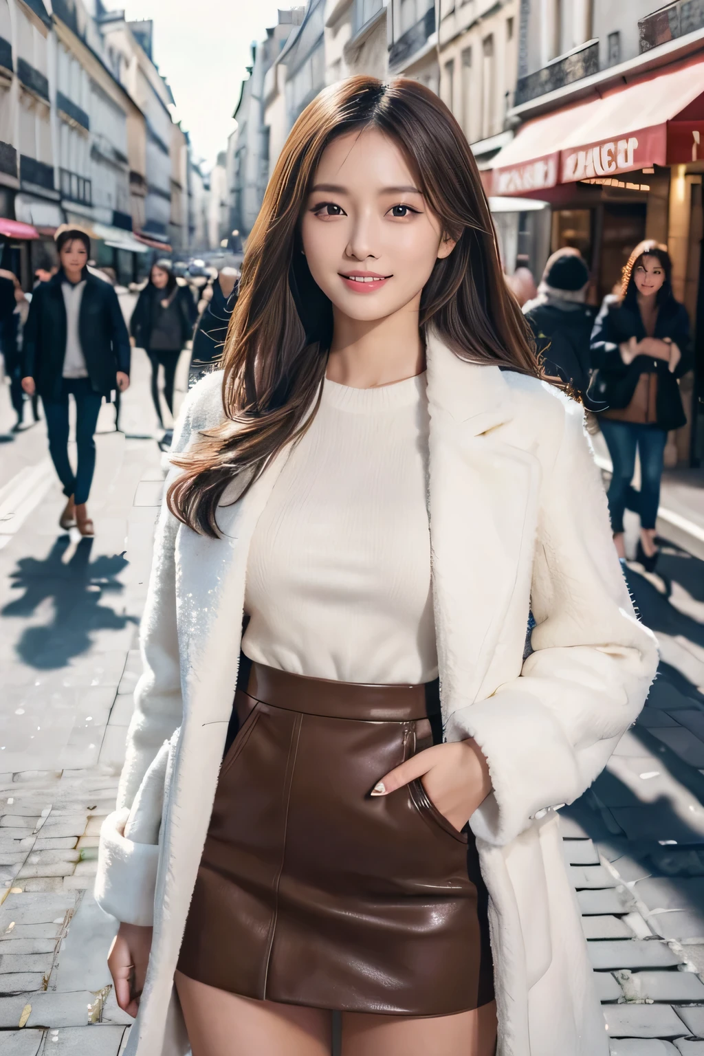 table top, highest quality, realistic, Super detailed, finely, High resolution, 8K、wallpaper, 1 beautiful woman, asian beauty, In a fluffy coat, mini skirt, light brown hair, facing the front, perfect dynamic composition, beautiful and detailed eyes, smile, On the streets of Paris,