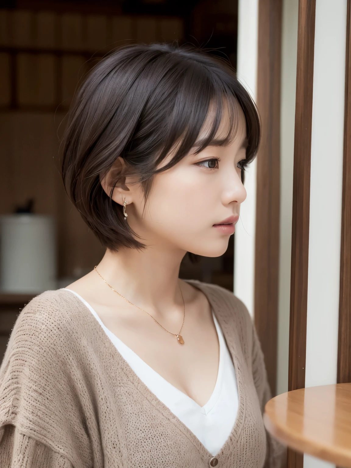 (layered haircut:1.2))、short wavy hair、8K、(Raw photo)、(最high quality)、(フォトrealistic:1.4)realistic to the touch realistic、(4KHigh level image quality:1.2)、(High resolution, table top, 最high qualityの, high detail, formal: 1.4), (realistic: 1.2, ハイパーrealistic: 1.1, フォトrealisticです: 1.37), Depth of bounds written, (Detailed explanation of hair), (Detailed description of the face), unparalleled beauty,, (35 years old,: 1.4)、I'm a little depressed、white wall、Taken in front of the white door、((窓のあるwhite wallの部屋))、natural soft light、short hair、beaver hair、realistic、High level image quality、high quality、profile、Versatile poses、profile、random pose、Autumn outfit、Winter clothes、 necklace