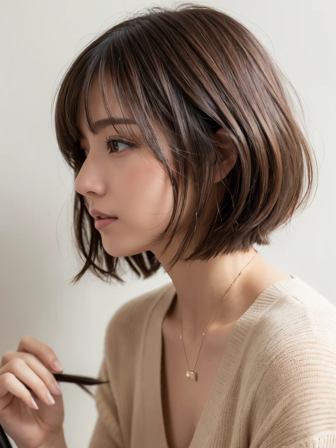 (layered haircut:1.2))、short wavy hair、8K、(Raw photo)、(最high quality)、(フォトrealistic:1.4)realistic to the touch realistic、(4KHigh level image quality:1.2)、(High resolution, table top, 最high qualityの, high detail, formal: 1.4), (realistic: 1.2, ハイパーrealistic: 1.1, フォトrealisticです: 1.37), Depth of bounds written, (Detailed explanation of hair), (Detailed description of the face), unparalleled beauty,, (35 years old,: 1.4)、I'm a little depressed、white wall、Taken in front of the white door、((窓のあるwhite wallの部屋))、natural soft light、short hair、beaver hair、realistic、High level image quality、high quality、profile、Versatile poses、profile、random pose、Autumn outfit、Winter clothes、 necklace