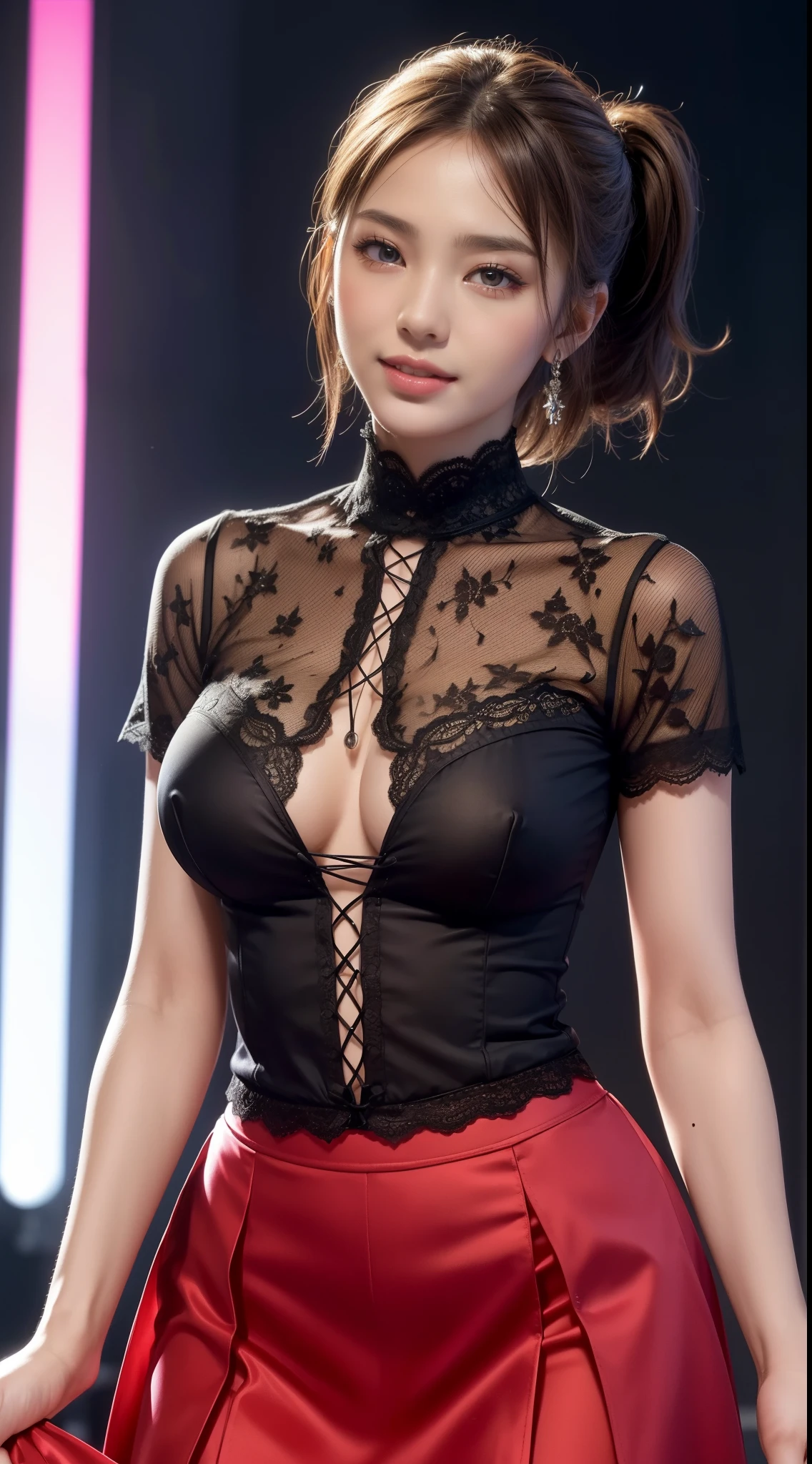 8k, masterpiece, original photo, best quality, lifelike, Extremely detailed CG unified 8k wallpaper, depth of field, Light, 镜头Light晕, Light线追踪, (extremely beautiful face, beautiful lips, beautiful eyes), Intricately detailed face, ((Super fine skin)) 1 girl, in the dark, deep shadow, beautiful asian girl, Idol, 1 girl, (very slim slender fit-muscled body:1.3), ((looking at the audience)),(bright smile:1.3), (Tight lace-up shirt), ((Hot pink shirt)), (short sleeves) , (city night, dark, neon lights), (blurred background), 昏暗的灯Light, city View, roof, beautiful earrings, bracelet, necklace, pantyhose, clear eyes, (pale skin), (big eyes), face forward, ((upper body shot)), (silk red skirt ),(brown hair),((Tight lace-up skirt )), (see through), (looking at the audience:1.3), open breast, (very slim), huge breasts, Show breasts，exposing her chest，(see through),((lace lace)), (camel toe), (see through jacket), ponytail, short hair