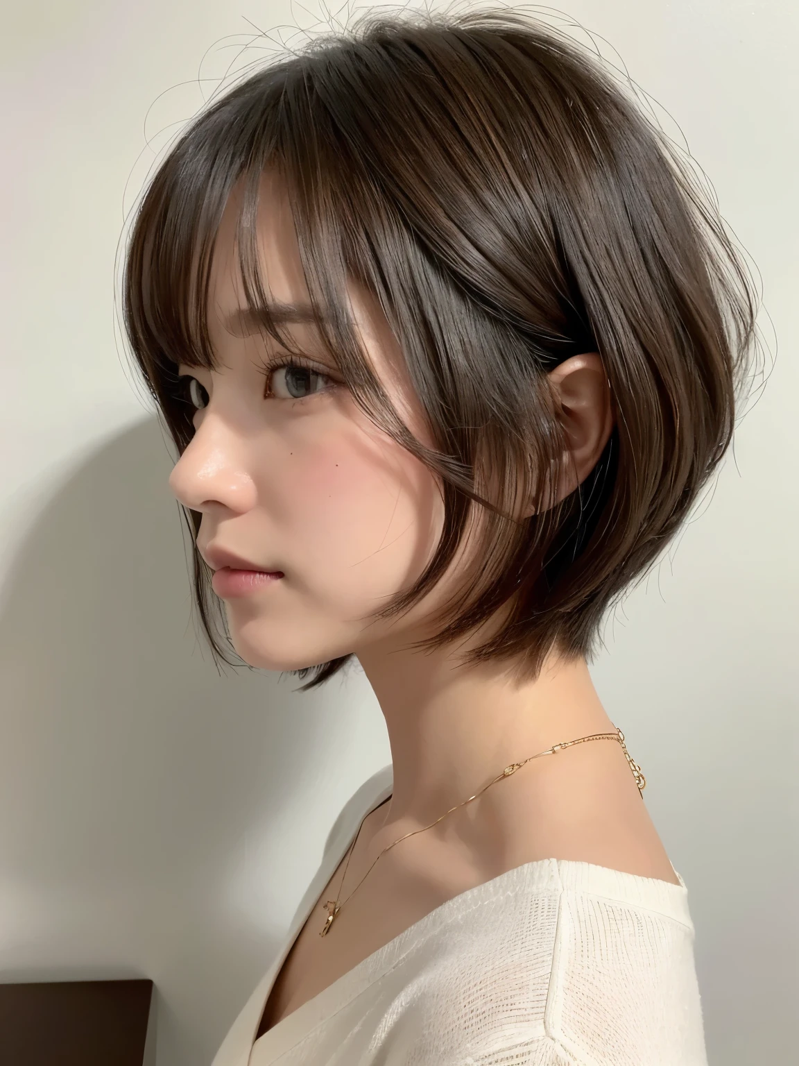 (layered haircut:1.2))、short wavy hair、8K、(Raw photo)、(最high quality)、(フォトrealistic:1.4)realistic to the touch realistic、(4KHigh level image quality:1.2)、(High resolution, table top, 最high qualityの, high detail, formal: 1.4), (realistic: 1.2, ハイパーrealistic: 1.1, フォトrealisticです: 1.37), Depth of bounds written, (Detailed explanation of hair), (Detailed description of the face), unparalleled beauty,, (35 years old,: 1.4)、I'm a little depressed、white wall、Taken in front of the white door、((窓のあるwhite wallの部屋))、natural soft light、short hair、beaver hair、realistic、High level image quality、high quality、profile、Versatile poses、profile、random pose、Autumn outfit、Winter clothes、 necklace