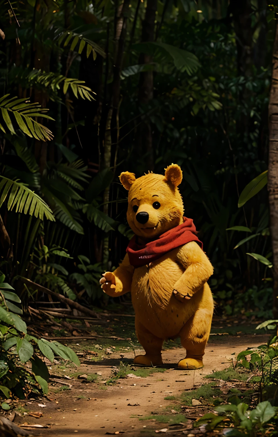 winnie the pooh, high quality in jungle, 4k, hdr, realistic, animal