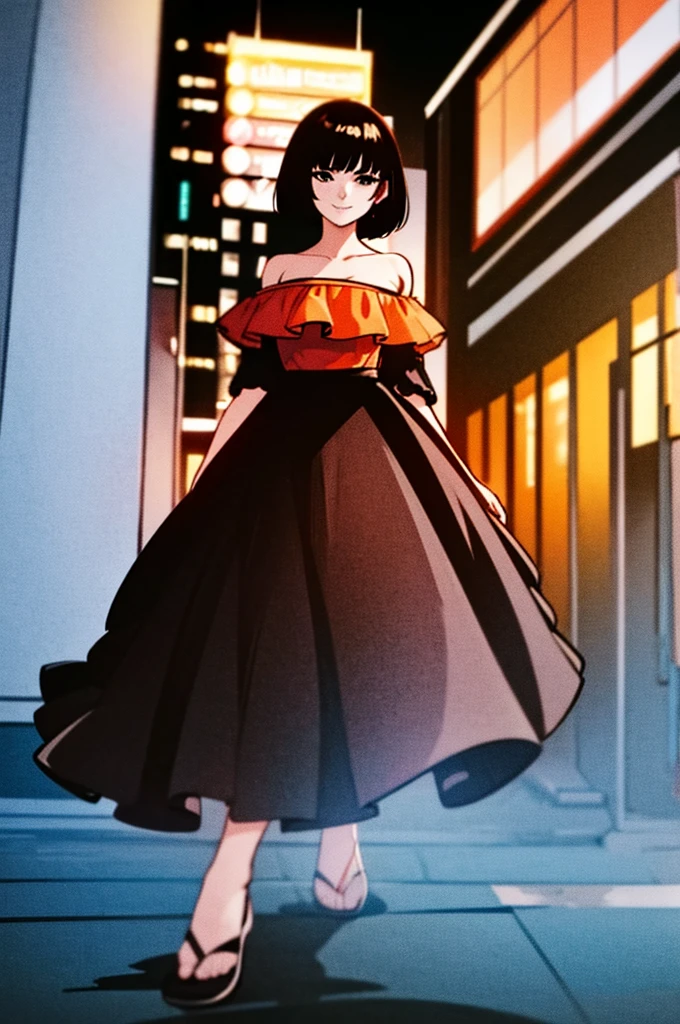 1 girl, Teenage, Black hair, Short black hair, Medium Hair, Bob Hair, Black eyes, off shoulder dress, orange ruffle off the shoulder top, long black skirt, Flamenco Dress, Flamenco dancer, holing her skirt, showing her bare legs, Smile, the city street, Sexy, nighttime, masterpiece, High quality.
