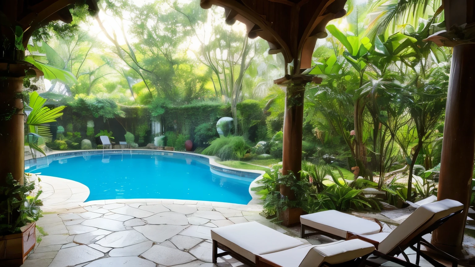 (best quality,4k,8k,highres,masterpiece:1.2),ultra-detailed,(realistic,photorealistic,photo-realistic:1.37),luxury Italian house, tropical forest, vibrant colors, amazonian forest, lush greenery, beautiful sunlight, rich textures, exotic birds, tranquil atmosphere, elegant architecture, arched doorways, marble columns, tropical trees, sprawling gardens, refreshing swimming pool, outdoor lounge area, picturesque setting, peaceful serenity, magical ambiance, timeless beauty