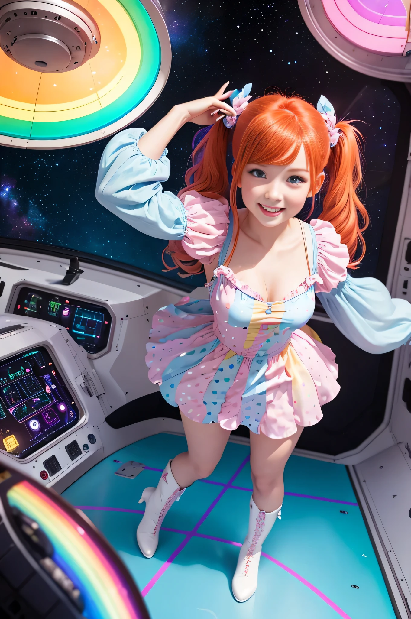 (overhead view) Cute redhead with rainbow colored hair tips, ribbons in her hair, 18-year-old woman, happy, smiling, in twin tails, perfect eyes, clear sparkling blue eyes, pale skin, silky smooth skin, flying a fancy metal luxurious space ship, futuristic cockpit, she's a pilot, outer space seen in windows, dark warm lighting, wearing a futuristic party dress, low cut top, pleated (chemise) mini dress (pastel rainbow colors, and polka dots), puffy sleeves, silk, pantyhose, cute short cut booties, boots.