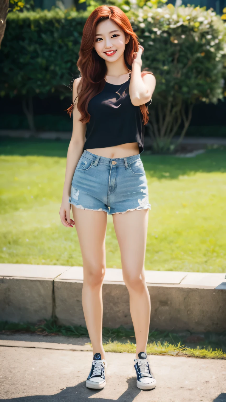 masterpiece, light makeup, red lips, red hair, messy long hair, pure background, beautiful, elegant. Ultra-fine details, masterpieces, realistic textures, realistic cinematic lighting, perfect work, 8k, HD, delicate facial features, full body, Casual shorts, Canvas shoes, Cap, Picnic pose, Radiant smile