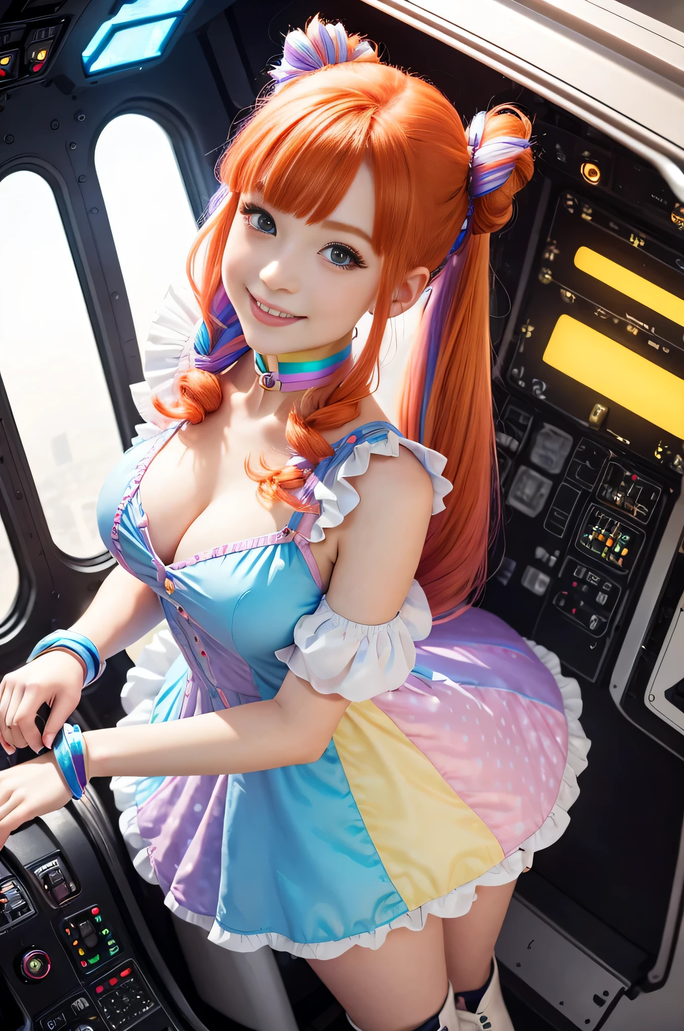 (overhead view) Cute redhead with rainbow colored hair tips, ribbons in her hair, 18-year-old woman, happy, smiling, in twin tails, perfect eyes, clear sparkling blue eyes, pale skin, silky smooth skin, flying a fancy metal luxurious space ship, futuristic cockpit, she's a pilot, outer space seen in windows, dark warm lighting, wearing a futuristic party dress, pleated (chemise) mini dress (pastel rainbow colors, and polka dots), puffy sleeves, silk, full body pantyhose, cute short cut booties, boots.