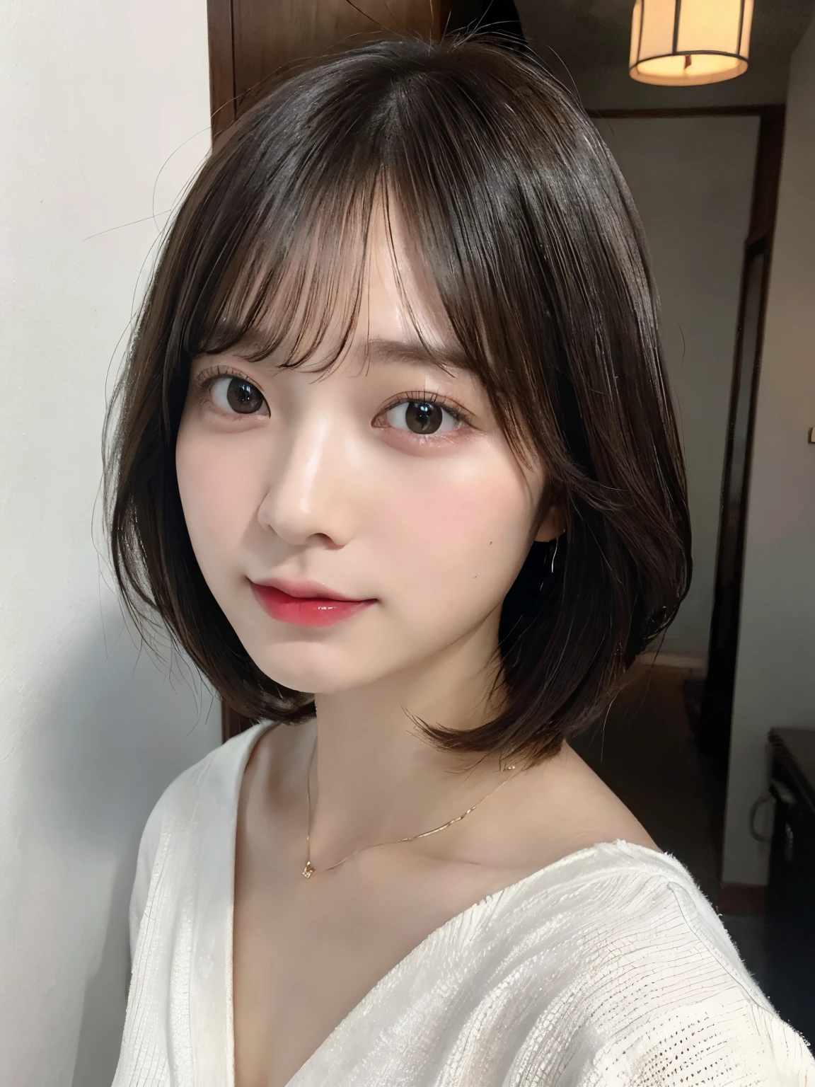 (layered haircut:1.2))、short wavy hair、8K、(Live shooting)、(highest quality)、(フォトrealistic:1.4)Reality to the touch Reality、(4Khigh resolution:1.2)、(high resolution, muste piece, highest qualityの, high detail, official: 1.4), (Reality: 1.2, ハイパーrealistic: 1.1, フォトrealisticです: 1.37), Depth of bounds written, (detailed description of hair), (Detailed description of the face), unparalleled beauty,, (35 years old,: 1.4)、I'm a little depressed、white wall、(Taken in front of the white door)、((窓のあるwhite wallの部屋))、indoor、Natural light、short hair、bob hairhair、realistic、high resolution、High quality、profile、various poses、profile、bob hair、random pose、autumn clothes、winter clothes、 wearing necklace