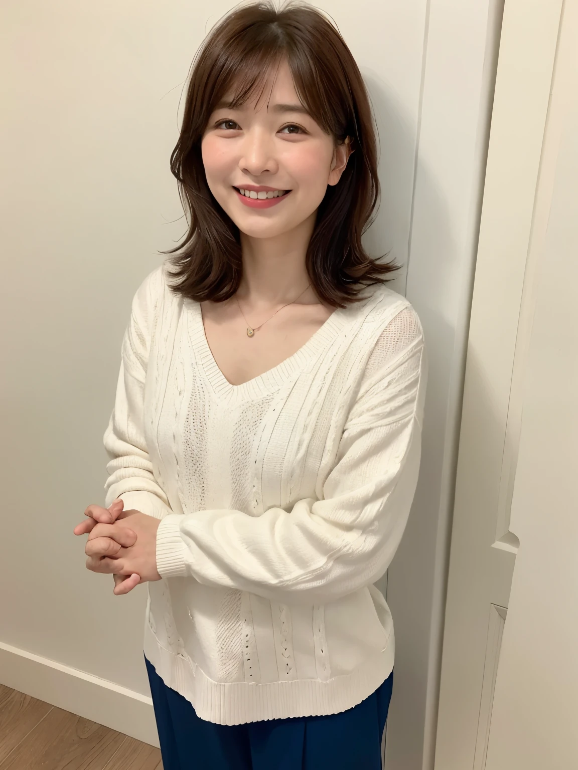 (8k、RAW shooting、Highest image quality、masterpiece:1.2)、High-definition RAW color shooting、Professional Photography、(real、フォトreal:1.37)、cinematic light、1girl in a smile、white walls、((Taken in front of a white door)、(窓のあるwhite wallの部屋))。 37)、cinematic light、one girl、smile、white wall、((Taken in front of a white door))、(窓のあるwhite wallの部屋)、Mr.々pose、squat、squat、BREAK (Ombre:1. 3)、Winter clothes、simple necklace、white sweater、(美しいprofile:1.3)、Don't look at the camera、profile、bob、bobカット、(brown hair)、ロングbob