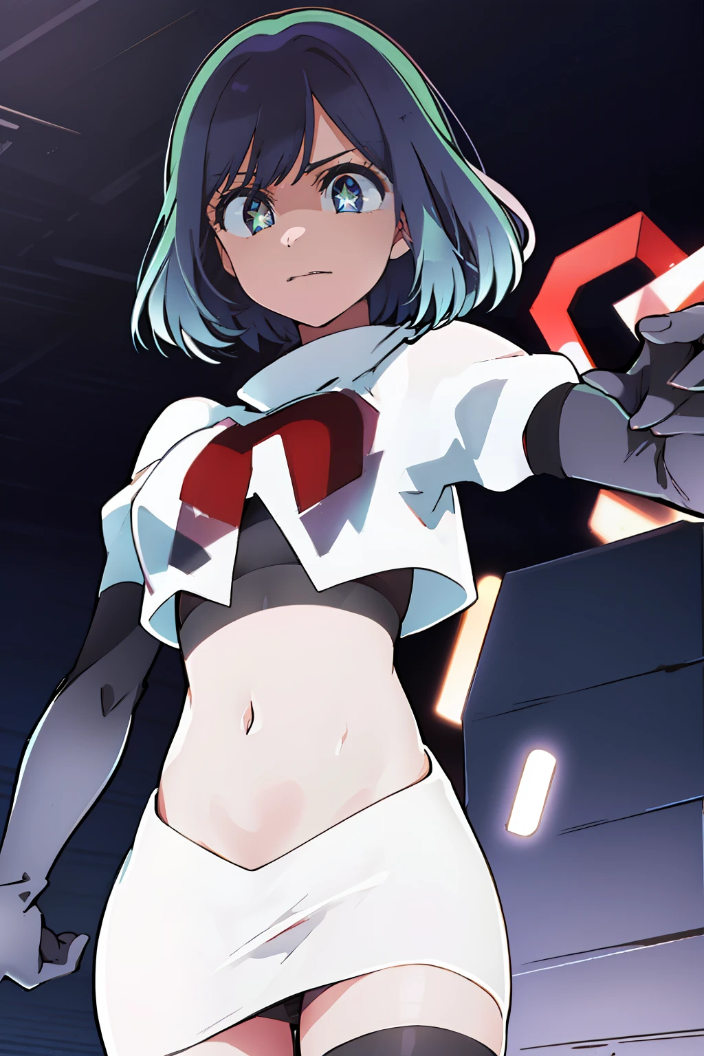 kurokawaakane\(1zgame\),1girl, solo,stage,looking at viewer,8k, beautiful lighting,symbol-shaped_pupils, sparkling_eyes, star-shaped_pupils, star_(symbol), team rocket,team rocket uniform,white skirt,crop top,black thigh-highs,black elbow gloves