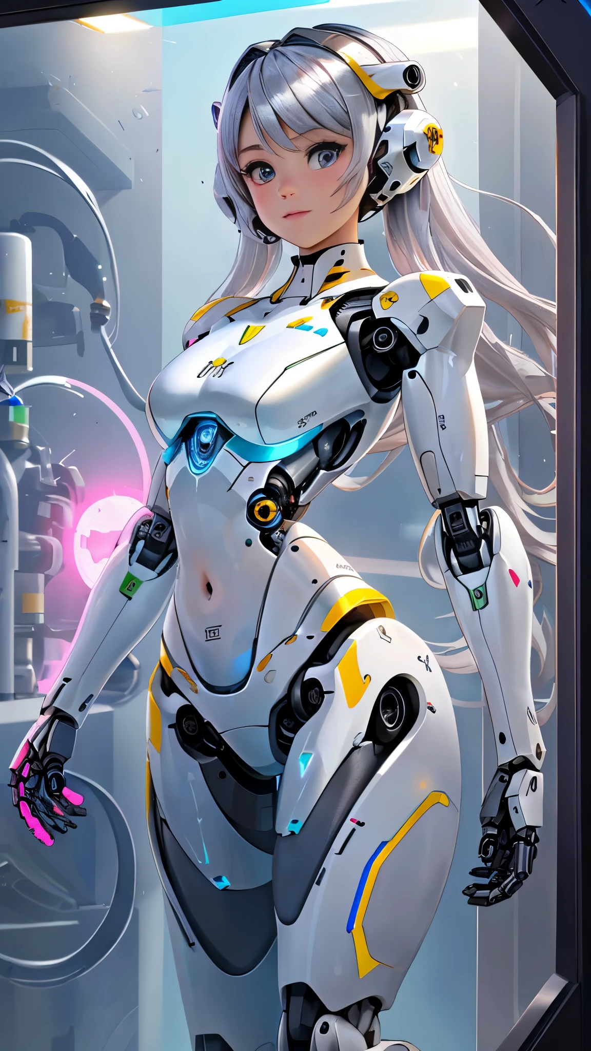 Fondo de pantalla CG Unity 8k altamente detallado, With the highest quality, obra maestra, Realista, fotos realistas, Sharp focus:1.2、Estilo perfecto、,Ariana Grande japonesa androide cyborg, robotic parts, hermoso estudio con luz suave, Detalles vibrantes, Ciberpunk de lujo, (Android body made of white and silver transparent glass and plastic:1.4), , (Mecanismos internos del cuerpo de metal plateado+pink), dynamic pose, Fluid organic components, Grabado detallado, Lace designs, (Circuitos dorados brillantes:1.5), (hermosos ojos azules), (pose vaquero ), Fanart Mejor ArtStation, Fantasy art style ,(cuerpo de vidrio transparente:1.5) ,(fondo laboratorio Robotic futuristic colors:1.5) ,(Dedos convexo detailed )