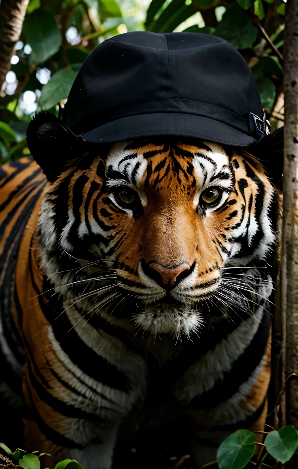 Tiger, Black hat, high quality in jungle, 4k, hdr, realistic, animal