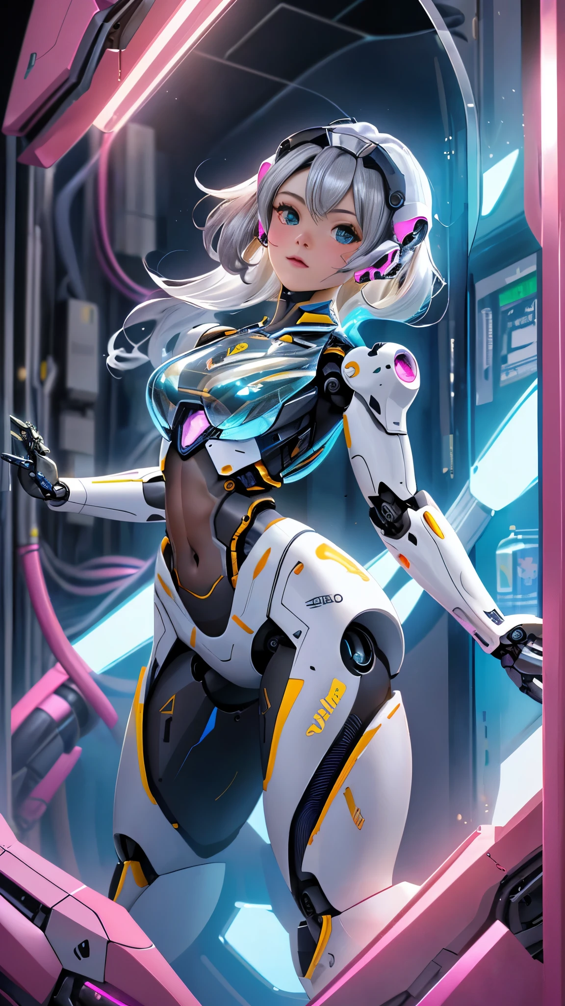 Fondo de pantalla CG Unity 8k altamente detallado, With the highest quality, obra maestra, Realista, fotos realistas, Sharp focus:1.2、Estilo perfecto、,Ariana Grande japonesa androide cyborg, robotic parts, hermoso estudio con luz suave, Detalles vibrantes, Ciberpunk de lujo, (Android body made of white and silver transparent glass and plastic:1.4), , (Mecanismos internos del cuerpo de metal plateado+pink), dynamic pose, Fluid organic components, Grabado detallado, Lace designs, (Circuitos dorados brillantes:1.5), (hermosos ojos azules), (pose vaquero ), Fanart Mejor ArtStation, Fantasy art style ,(cuerpo de vidrio transparente:1.5) ,(fondo laboratorio Robotic futuristic colors:1.5) ,(Dedos convexo detailed )
