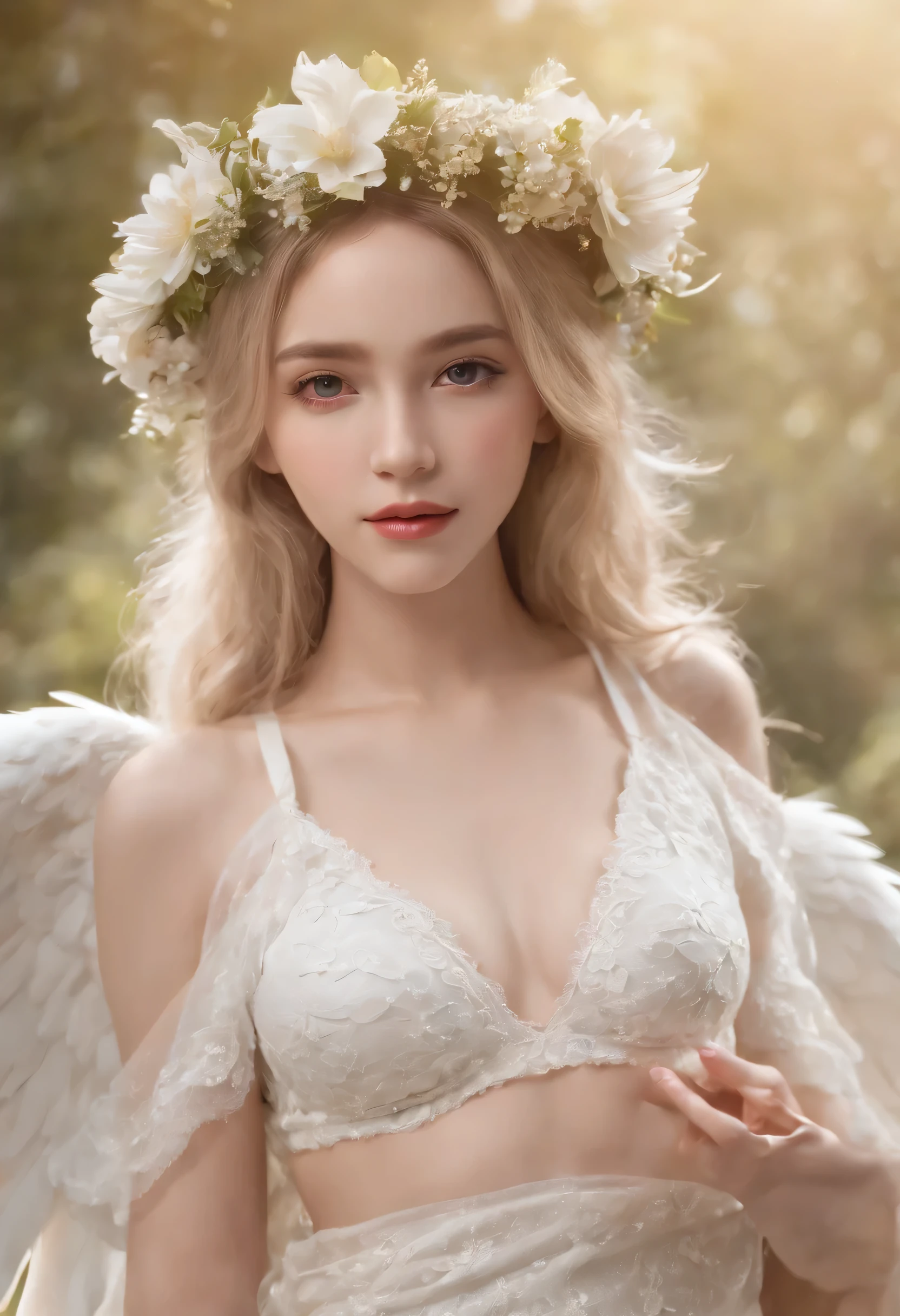 (Raw photo:1.2), (Photorealistic), Beautiful detailed girl, Very detailed eyes and face, Beautiful detailed eyes, Huge file size, High resolution, Very detailed, Best Quality, [masterpiece:1.6], Illustration, Very detailed, Fine detail, Best Quality, 32K Wallpaper, intricate details, perfect light, bright atmosphere, flower field in the magical woods, sexy fairy with wings on her back, blonde hair, tiara, white lingerie, full body photo, dynamic pose, different angles, dynamic perspective