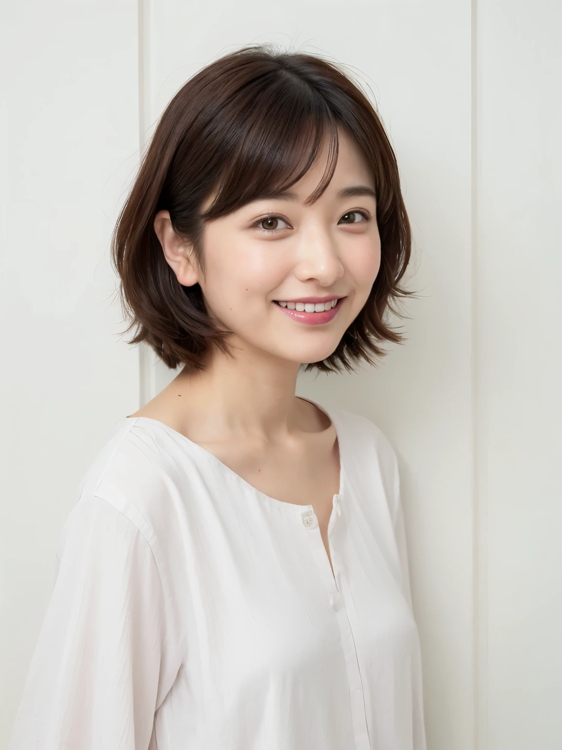(8k、RAW shooting、Highest image quality、masterpiece:1.2)、High-definition RAW color shooting、Professional Photography、(real、フォトreal:1.37)、cinematic light、1girl in a smile、white walls、((Taken in front of a white door)、(窓のあるwhite wallの部屋))。 37)、Shot in natural light、one girl、smile、white wall、((Taken in front of a white door))、(窓のあるwhite wallの部屋)、Mr.々pose、squat、squat、Winter clothes、simple necklace、Blouses in pastel colors、(美しいprofile:1.3)、Don't look at the camera、profile、short hair、shortcut