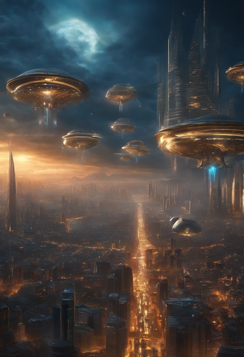 Create futuristic hyperealist works of art, Imagine a floating city in the sky, with complex architectural structures and advanced technology. Paint this futuristic city with a wealth of detail, capturing the bright lights, suspended platforms and flying vehicles that crisscross the skies.