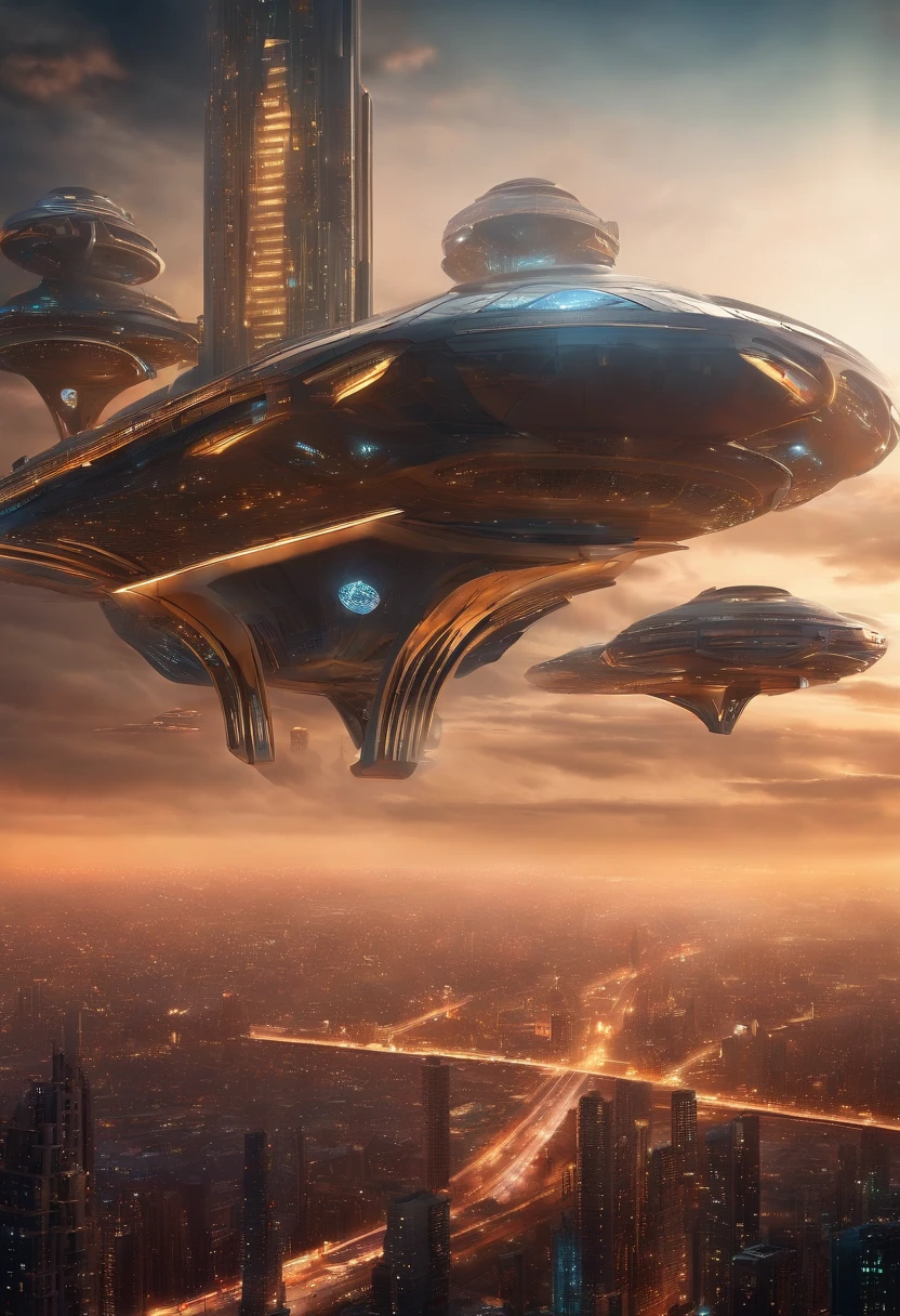 Create futuristic hyperealist works of art, Imagine a floating city in the sky, with complex architectural structures and advanced technology. Paint this futuristic city with a wealth of detail, capturing the bright lights, suspended platforms and flying vehicles that crisscross the skies.