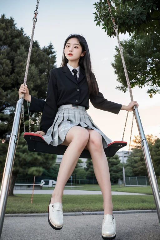 Masterpiece, highest quality, 8K RAW photo, one beautiful Japanese girl, , cute face, (haircut of uniform length: 1.2), one length, beautiful shiny black hair, straight hair, clear white skin, pale skin, realistic skin, composed expression, Japanese High School Uniforms, (long pleated check skirt), she is seen playing with a black cat in front of a swing set in the park, (full body to the toes), wearing loafers, beautiful long legs, angle from below, emphasizing her Beautiful Whip thighs, as the sky turns red at dusk.